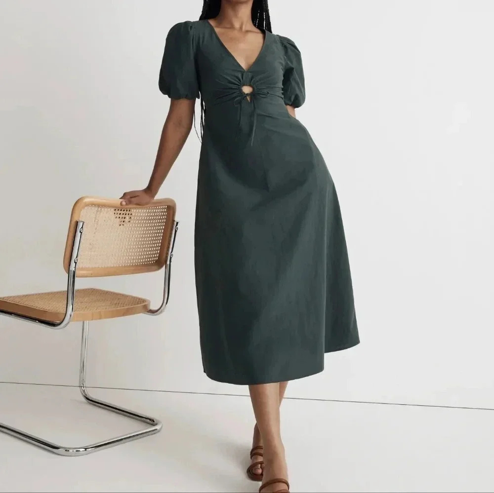 Madewell Poplin Cutout Puff-Sleeve Midi Dress